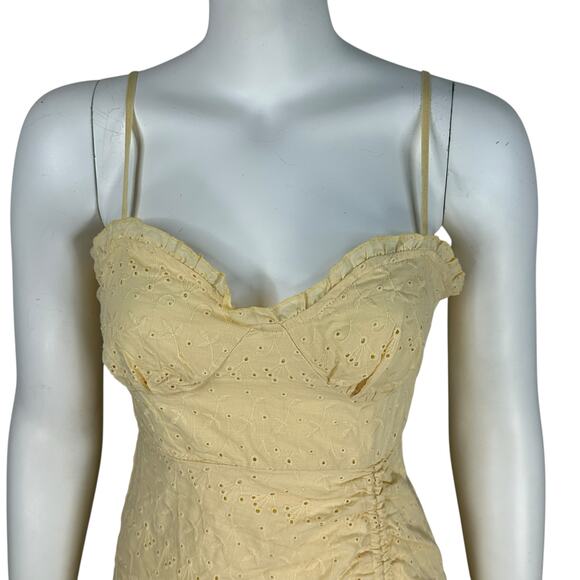 Mable Bodycon Micro Mini Dress Size Medium Yellow Eyelet Cottage Y2K Corset - Picture 2 of 9